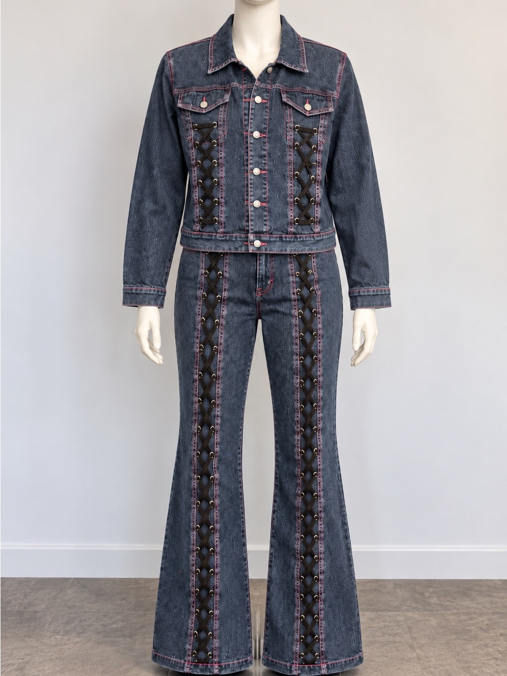 Crest Jeans Y2K 1X Canadian Tuxedo Denim Set Lace Up Corset Jacket Pant Festival